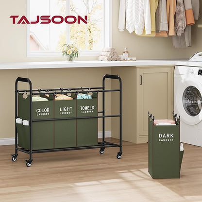 Tajsoon 4 Bag Laundry Sorter Cart, 4 Section Laundry Hamper Sorter with Heavy Duty Lockable Rolling Wheels, Laundry Separator Hamper with Removable Bags for Dirty Clothes Storage, Green