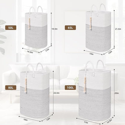 Woven Laundry Basket for Clothes, 50 L Large Rectangle Laundry Hampers with Beads Tassel, Nursery Storage Basket for Toys, Tall Dirty Clothes Hamper for Bedroom Aesthetic, Laundry Room Organization