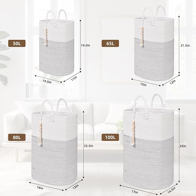 Woven Laundry Basket for Clothes, 65L Large Rectangle Laundry Hampers, Nursery Storage Basket for Toys, Tall Dirty Clothes Hamper for Bedroom Aesthetic, Bathroom, Laundry Room