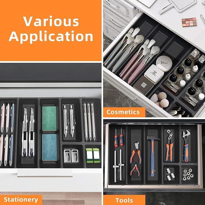 JEHONN Silverware Organizer, Utensil Drawer Tray for Kitchen Flatware Cutlery, Large Adjustable Plastic Storage Divider with 7 Compartment for Spoons Forks Knives (Black)