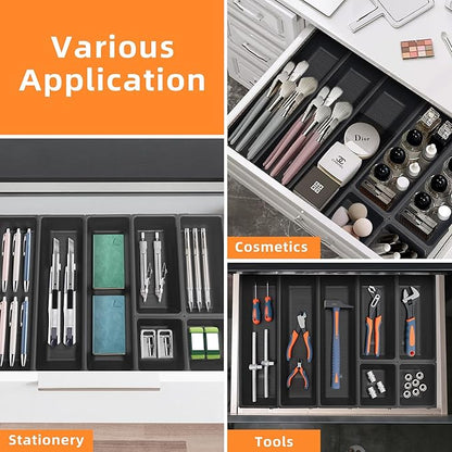 JEHONN Silverware Organizer, Utensil Drawer Tray for Kitchen Flatware Cutlery, Large Adjustable Plastic Storage Divider with 7 Compartment for Spoons Forks Knives (Black)