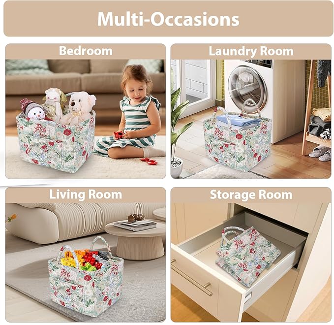 Storage Basket Boho Fabric Large Collapsible Floral Laundry Nursery Hamper Portable Folding Storage for Clothes Toys (Light Green B)
