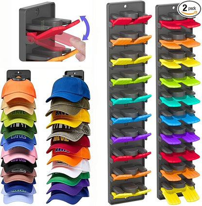 Baseball cap storage box set of 2 - Wall-mounted hat rack, a design suitable for wall-mounted hat racks, saves space and features a built-in spring clip hat hanging storage device (colours)