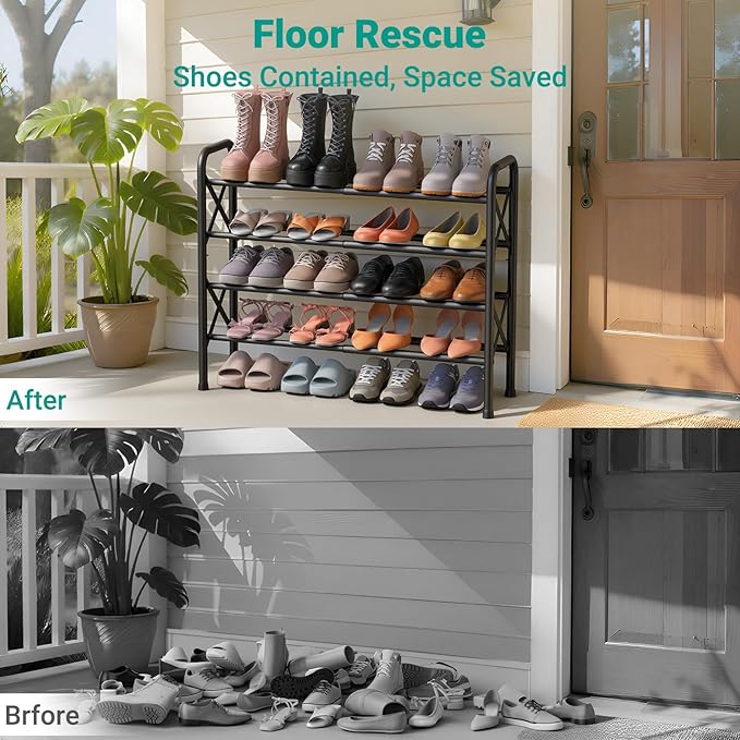 YEASHEIN 4-Tier Expandable Shoe Rack for Closet Floor, X-Frame Metal Small Shoe Rack for Entryway, Adjustable Shoe Shelf Organizer, Free Standing Shoe Racks for Front Door Entrance, Garage - Black