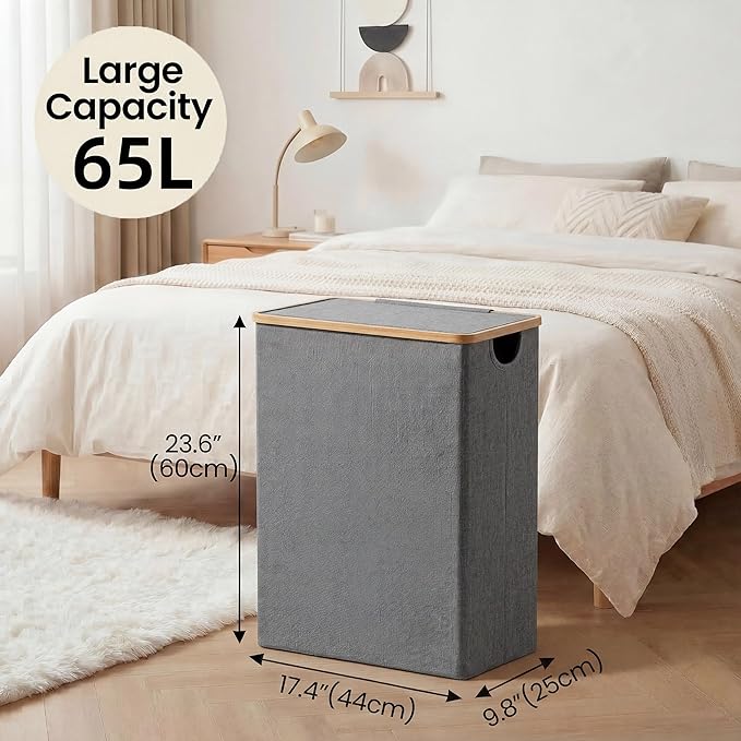 efluky Slim Laundry Basket with Lid, Narrow Laundry Hamper with Removable Bag, Skinny Dirty Clothes Basket with Bamboo Handles for Bathroom, Bedroom & Laundry Room, 65L Grey
