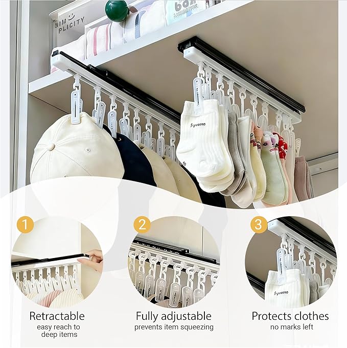 2 Pack No-Drill Wall-Mounted Baseball Hat Organizer, Hat Storage Rack Holds Up to 20 Caps, Hat Holder with 10 Damage-Free Clips & Metal Slide Rails, Modern Hat Rack for Closet, Bedroom & Entryway