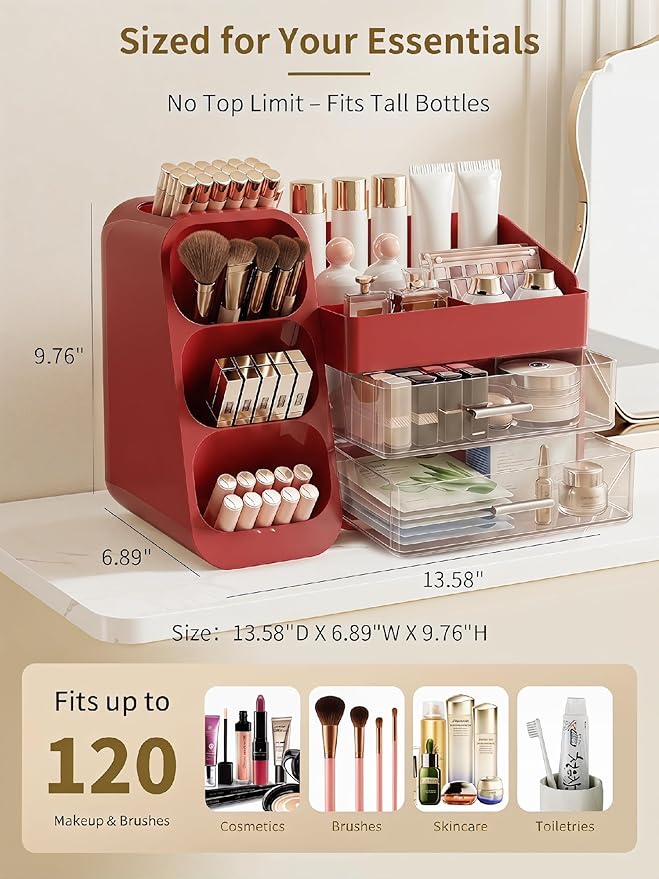Booklov Makeup Organizer for Vanity, Large Capacity Cosmetic Display Case with Clear Acrylic Drawers, Countertop Beauty Storage Holder for Skincare, Brush Eyeshadow Lipstick, Counter Desk, Crystal Red
