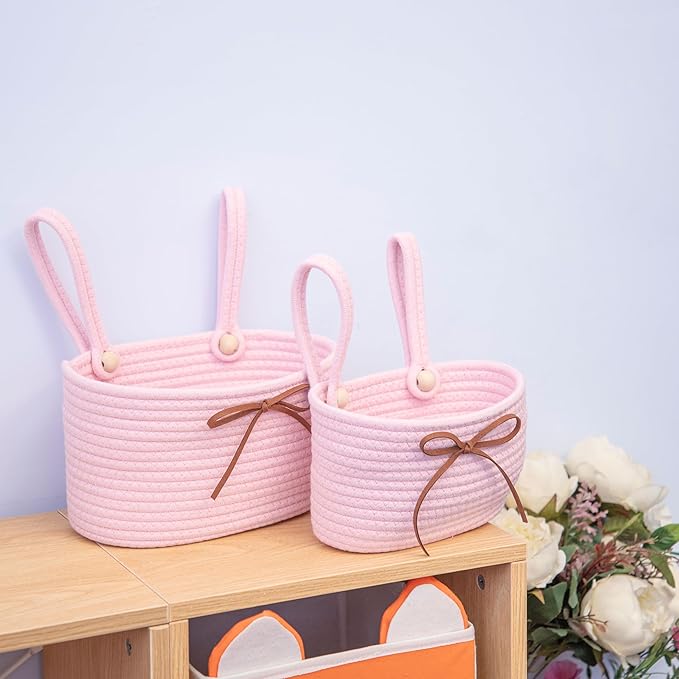 Cotton Rope Hanging Storage Baskets,Wall Basket with Handle, Shelf Organizer Bin for Closet, Functional Storage for Keys,Toys,and Small Items,Pink,Set of 2