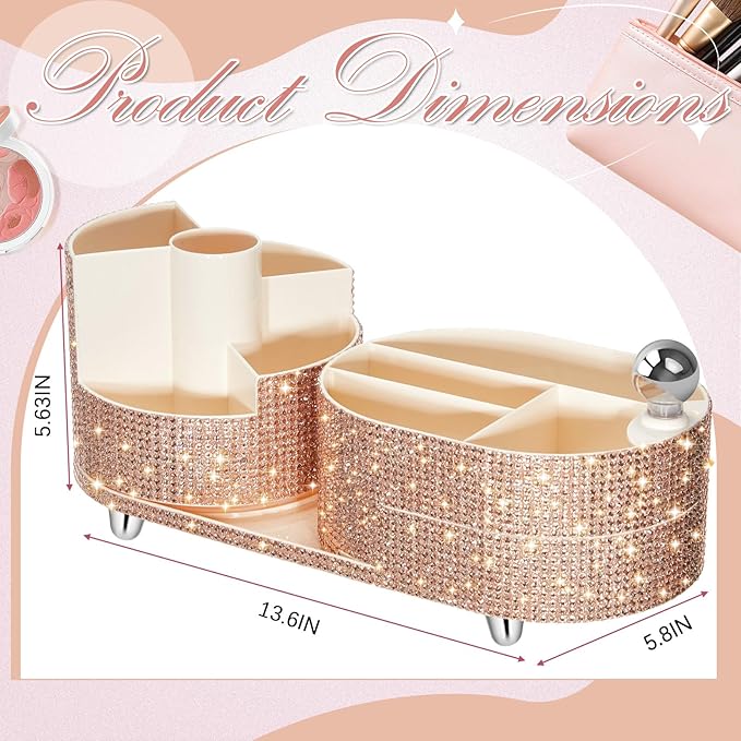Teen Girls Mother's Day 360 Rotating Bling Makeup Organizer Gift Rhinestone Diamond Bathroom Organizer Girly Skin Care Brush Holder for Countertop, Bathroom Essentials(Champagne,Rhinestone)