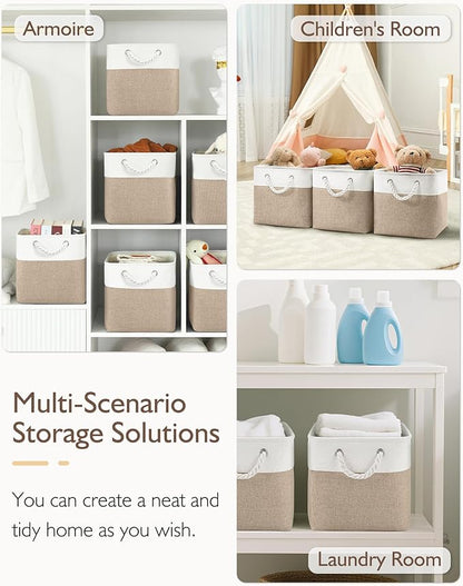 Patvingot 11 Inch Cube Storage Bins, 4 Pack Fabric Storage Cubes with Rope Handles, Organizer Baskets for Closet Shelves, Clothes and Home Organization(White/Khaki)