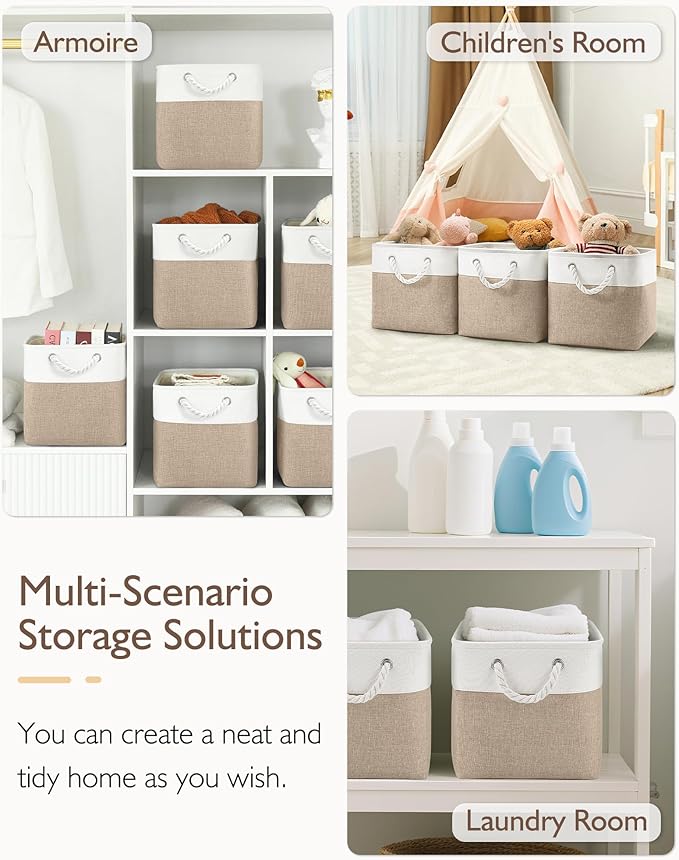 Patvingot 13x13x13 Cube Storage Bins,4 Pack Large Foldable Fabric Storage Cubes with Handles for Organizing Home, Closet, Shelf, Office(White&Khaki)