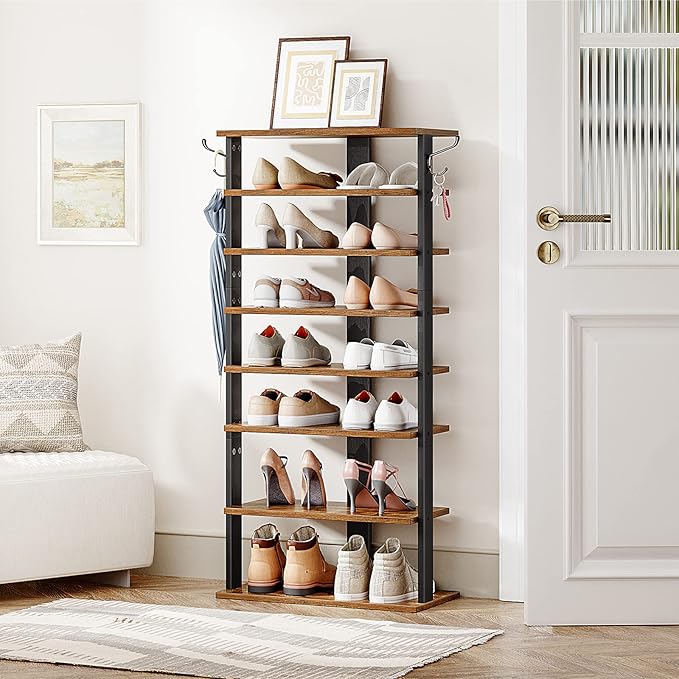 HOOBRO 8 Tiers Vertical Shoe Rack, Wooden Shoe Storage Organizer with Hooks, Narrow Shoe Tower for 16 Pairs, Space Saving, for Entryway, Living Room, Bedroom, Rustic Brown BF750XJ01