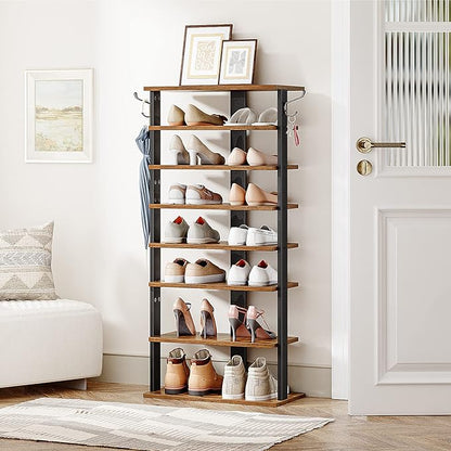 HOOBRO 8 Tiers Vertical Shoe Rack, Wooden Shoe Storage Organizer with Hooks, Narrow Shoe Tower for 16 Pairs, Space Saving, for Entryway, Living Room, Bedroom, Rustic Brown BF750XJ01