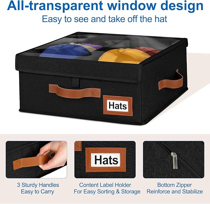 Dofilachy 2-in-1 Stackable Hat Storage for Baseball Caps with Clear Lid, Holds 28-32 Caps - Adjustable Space Hat Organizer for Baseball & Cowboy Hats, Closet Box for Men & Women (Black)