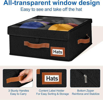 Dofilachy 2-in-1 Stackable Hat Storage for Baseball Caps with Clear Lid, Holds 28-32 Caps - Adjustable Space Hat Organizer for Baseball & Cowboy Hats, Closet Box for Men & Women (Black)