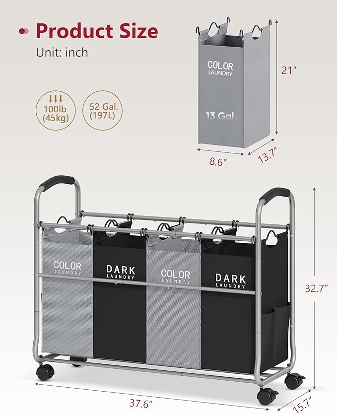 Tajsoon Laundry Sorter 4 Sections, Laundry Separator Hamper with Heavy Duty Lockable Rolling Wheels, Laundry Divider with Removable Bags for Dirty Clothes Storage, Black & Grey