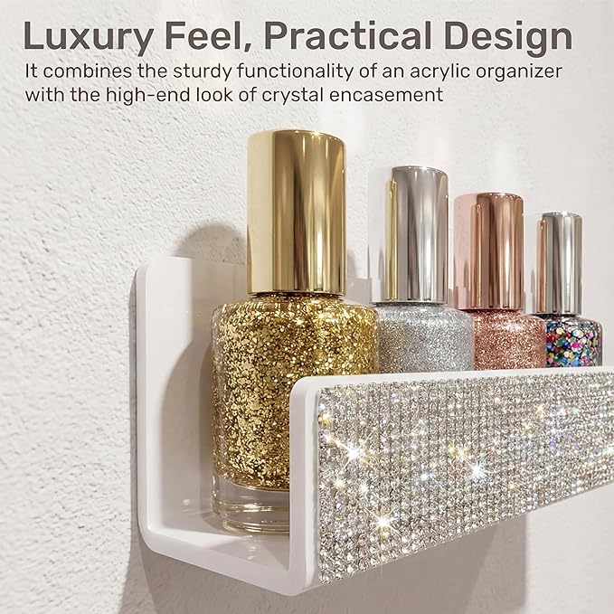 YMVV Nail Polish Wall Shelf - 15-Inch Diamond Crystal Display & Organizer Rack, Holds 60+ Polishes, Soft Ledge for Bedroom, Bathroom, Salon,6 Pack