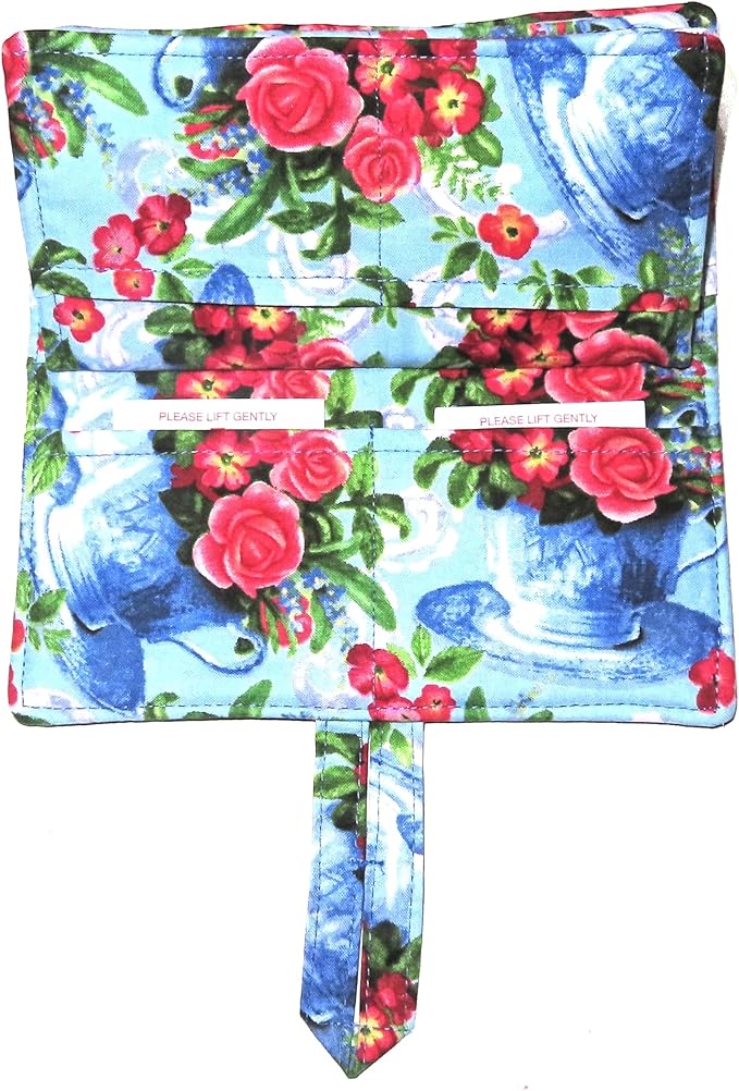 Tea Bag Wallet with Twelve Pockets XL Holder in Your Fabric Choice: Vintage Blue Tea Cups & Roses, Blue Birds & Teapots, Includes 4 Tea Bags, Tea Lover Gift, Quilted Handmade
