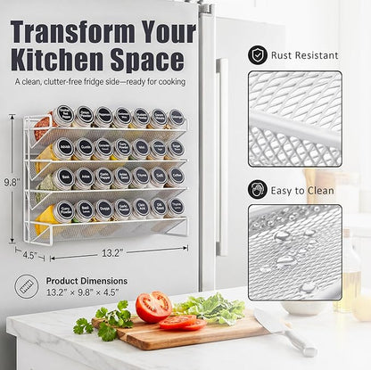 UVIAHOMI Magnetic Spice Rack Organizer for Refrigerator with 28 Spice Jars, 386 Spice Labels, 4 Hook, Chalk Marker and Funnel Set, Magnetic Shelf for Seasoning Organizer, 13.2'' W x 9.8 H, White
