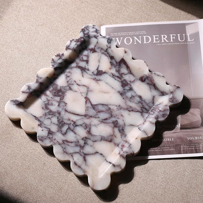 Natural 100% Marble Vanity Tray Luxury Scalloped Marble Storage Square Rectangle Tray for Home Decor Stone Tray for Bathroom Kitchen Candle Key (Square-9.8 * 9.8-Calacatta Viola)