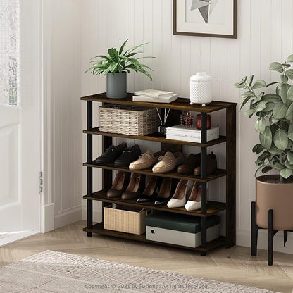 Furinno Turn-N-Tube 5 Tier Wide Shoe Rack, Amber Pine/Black