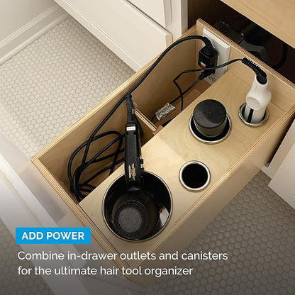 Docking Drawer 2.0" Canister for Hot Tools, Hair Dryer, Curling Iron, and Flat Iron Holder Tube RIng Capped Stainless Steel