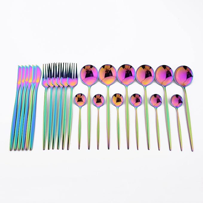 24 Piece Hanging Flatware Set, Stainless Steel Family Kitchen Utensil Set with Rack, Cutlery set for 6 with Holder, Silverware Sets with Holder, Hanging flatware set, Mirror Finish(Rainbow)