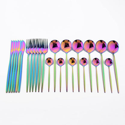24 Piece Hanging Flatware Set, Stainless Steel Family Kitchen Utensil Set with Rack, Cutlery set for 6 with Holder, Silverware Sets with Holder, Hanging flatware set, Mirror Finish(Rainbow)