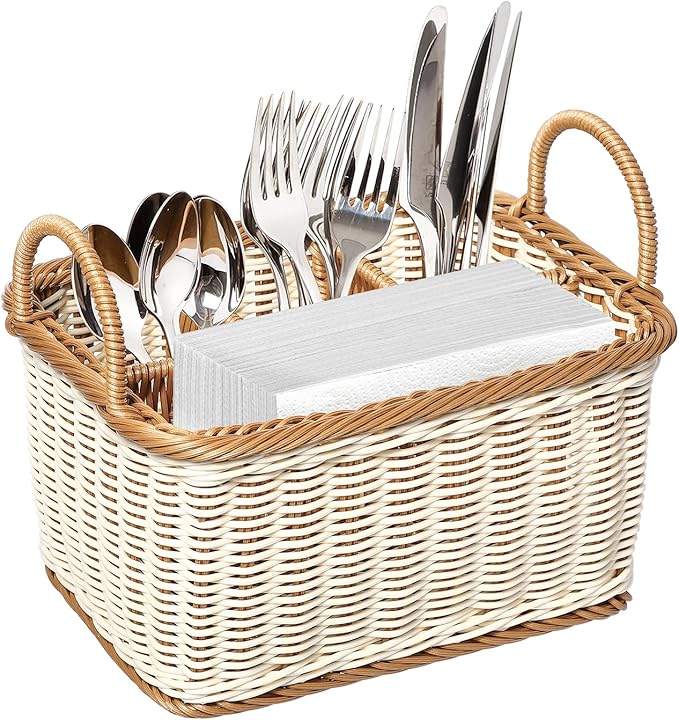 Hemoton Cutlery Storage Organizer Basket, Hand Woven Utensil Holder, Silverware, Tote Bin Basket for Kitchen Table, Cabinet, Holds Forks, Knives, Spoons, Napkins, Pens, Indoor or Outdoor Use