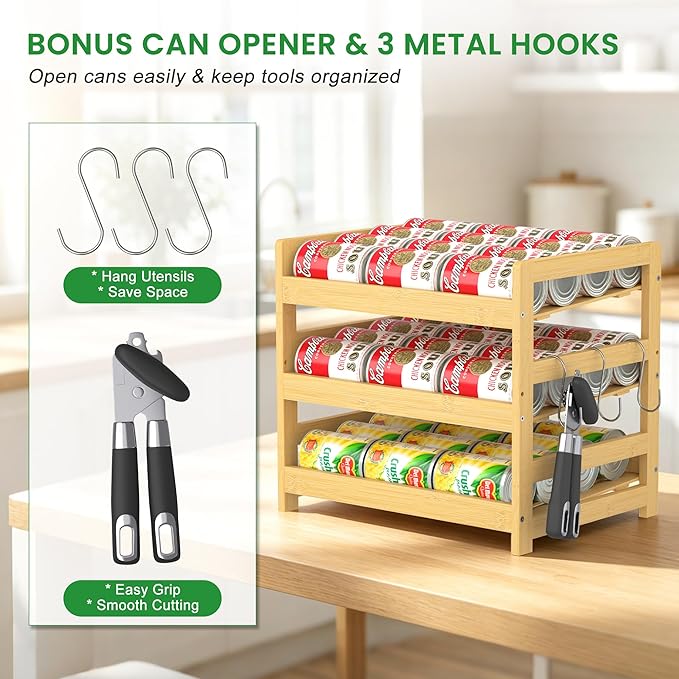 Bamboo Rolling Can Organizer for Pantry, Stackable 3 Tier Canned Food Storage Rack for Kitchen Can Storage Organizer Set with Can Opener & Hooks for Cabinet & Countertop, Holds up to 36 Cans