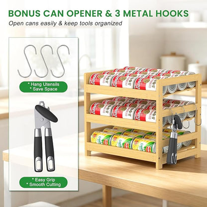 Bamboo Rolling Can Organizer for Pantry, Stackable 3 Tier Canned Food Storage Rack for Kitchen Can Storage Organizer Set with Can Opener & Hooks for Cabinet & Countertop, Holds up to 36 Cans