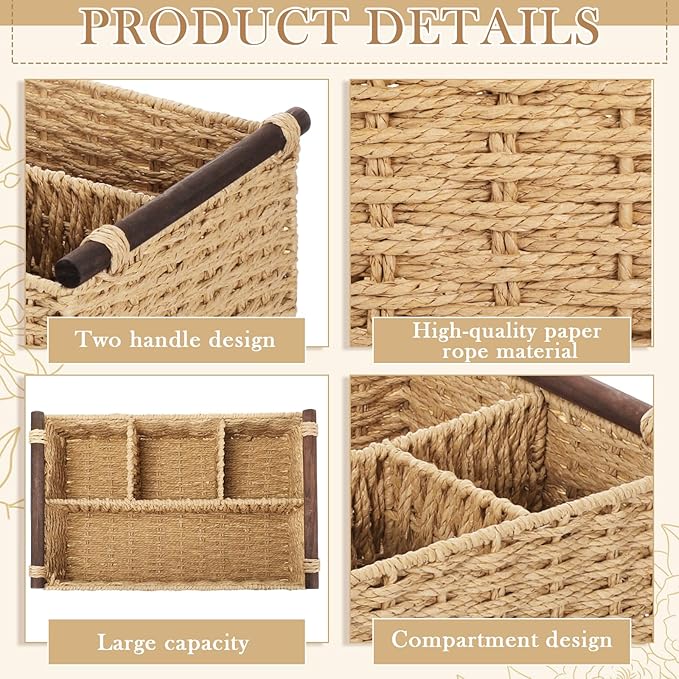 Remerry Bathroom Countertop Organizer Caddy, Wicker-Like Divided Basket with Handle and Metal Frame, 4 Compartment, Paper Rope Storage Organizer for Vanity Kitchen(Beige,15.35 x 10.24 x 6.3 in)