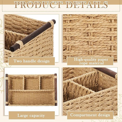 Remerry Bathroom Countertop Organizer Caddy, Wicker-Like Divided Basket with Handle and Metal Frame, 4 Compartment, Paper Rope Storage Organizer for Vanity Kitchen(Beige,15.35 x 10.24 x 6.3 in)