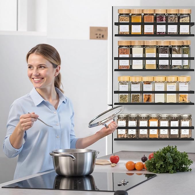 SMRCAD Metal Magnetic Spice Rack for Refrigerator, 4 pack Magnetic Shelf for Fridge Space Saving Seasoning Organizer for Any Metal Surface No Drilling Needed (BLACK -cut out, 4pack)