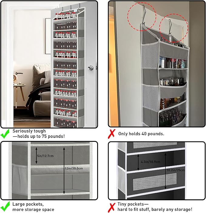 over the door organizer, Solid Bamboo Board (Not Plastic!) 6-Tier Heavy Duty 75LB, 12 Side Pockets, 3 Reinforced Hooks & Anti-Slip Pads, Waterproof & Washable, No Sagging, No Door Damage,Dusk Grey