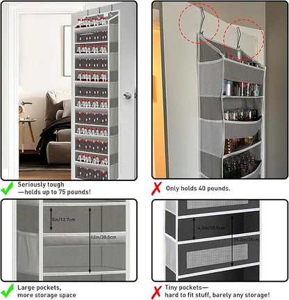 over the door organizer, Solid Bamboo Board (Not Plastic!) 6-Tier Heavy Duty 75LB, 12 Side Pockets, 3 Reinforced Hooks & Anti-Slip Pads, Waterproof & Washable, No Sagging, No Door Damage,Dusk Grey