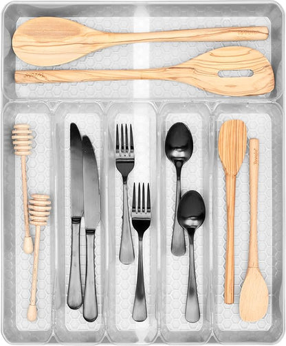 Spectrum Diversified Hexa Expandable Divided Drawer Organizer Tray Modern Kitchen Cutlery, Utensil, Silverware Holder, Cabinet Storage, 13 x 16, Clear Frost/Stone Gray (Pack of 2)