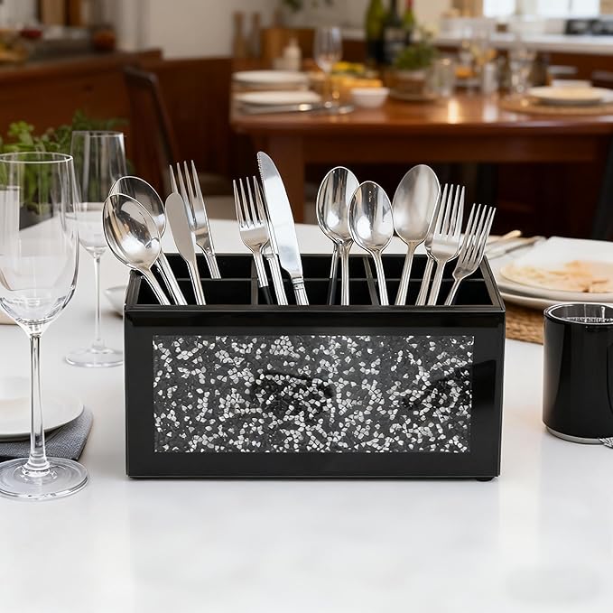 SHYFOY Silverware Holder, Kitchen Utensil Caddy with 6 Compartments, Cutlery Storage Organizer Countertop, Flatware Organizer for Party, Spoon, Fork Holder, Black
