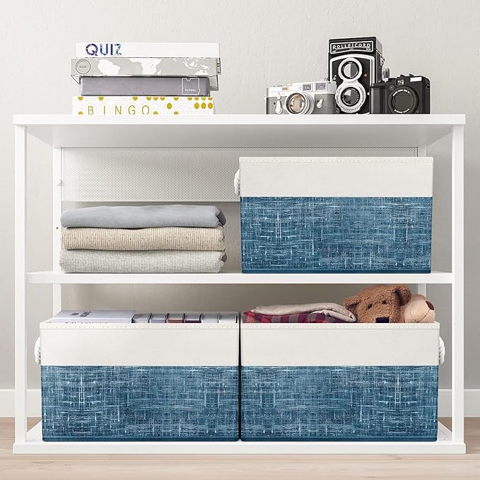 Fab totes Storage Bins 6-Pack, Foldable Storage Baskets for Organizing Toys, Books, Shelves, Closet, Large Storage Box with Rope Handles, Sturdy Organizer Bins, White & Blue