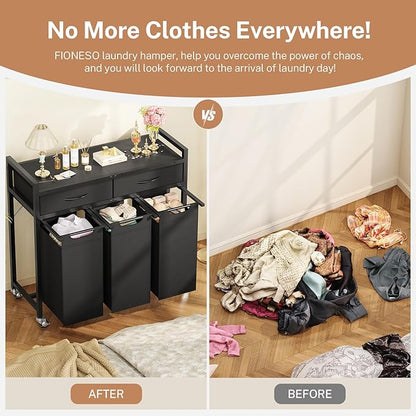 Laundry Sorter 3 Section, 120 L Laundry Hamper with 2 Drawers & 2-tone Top Panel, Rolling Laundry Basket Organizer with Pull-Out Removable Oxford Fabric Bags for Laundry Room Organization UNZYL006BVV3