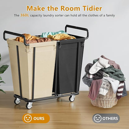 Gewudraw Large Laundry Hamper with Wheels, 2 Bag 360L Big Rolling Laundry Basket Sorter Cart, Extra Large Clothes Hamper, Heavy Duty Laundry Basket Organizer for Laundry Room, Bathroom