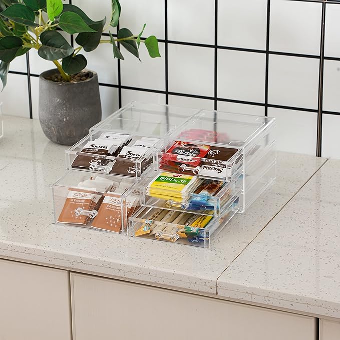Office Desktop Storage Box,Rectangular Desktop Drawers,Plastic Makeup Storage,Containers Bins With Drawers Desk Organization Pull Out Small craft Storage Case Box Cube,Pack of 1 (Clear, 5 Drawers)