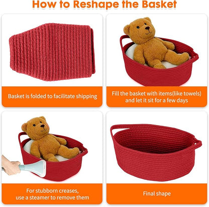 ShellKingdom Storage Basket with Handles, Empty Gift Basket with Gift Bags and Ribbon, Small Woven Baskets for Home, Nursery Storage Organizer, 12 X 8 X 5 INCH, Valentine's Red