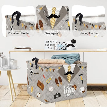 Clastyle Father’s Day Laundry Hamper Storage Basket Dad Gift Box Collapsible Large Clothes Organizer Bin for Bedroom, Grey, 40*30*30 cm