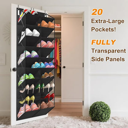 UVIAHOMI 20-30 Pairs Over the Door Shoe Organizer, Clear Pockets Hanging Shoe Storage for Closet, 10-Tier Door Shoes Rack, Handing Shoes Holder Fit All the Family's Sneakers, Boots, Heels, Black