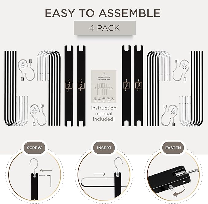 MORALVE Pants Hangers Space Saving - 4 Pack European Beechwood Scarf and Jean Hangers - Closet Organizer and Space Saver Pant Rack, Leggings Hanger, and Scarf Holder with 360° Swivel Hook