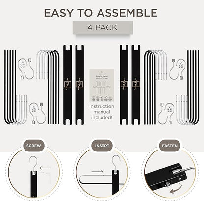 MORALVE Pants Hangers Space Saving - 4 Pack European Beechwood Scarf and Jean Hangers - Closet Organizer and Space Saver Pant Rack, Leggings Hanger, and Scarf Holder with 360° Swivel Hook