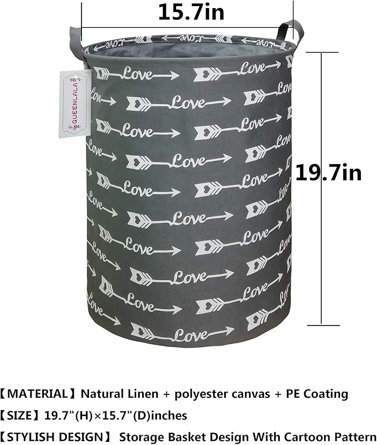 QUEENLALA Large Storage Basket,Laundry Hamper/Bathroom/Home Decor/Collapsible Round Storage Bin,Boys and Girls Hamper/Boxes/Clothing(Love Grey Arrow)