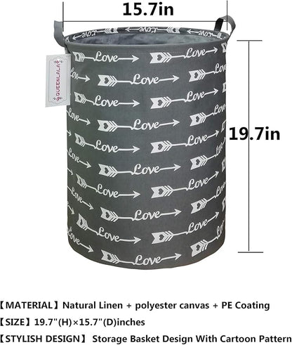 QUEENLALA Large Storage Basket,Laundry Hamper/Bathroom/Home Decor/Collapsible Round Storage Bin,Boys and Girls Hamper/Boxes/Clothing(Love Grey Arrow)