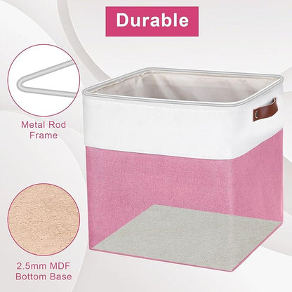 Bagnizer 13x13 Cube Storage Bins, Collapsible Fabric Storage Box, 4 Pack Closet Baskets with Handles for Organizing, Shelf, Toys, Clothes, Home, Office, Nursery (Pink&White)